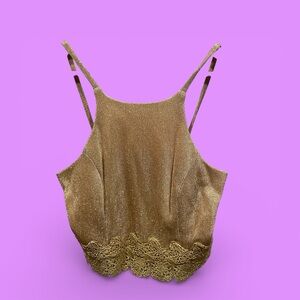 Cute vintage 80s solid gold high neck halter crochet crop festival club disco
